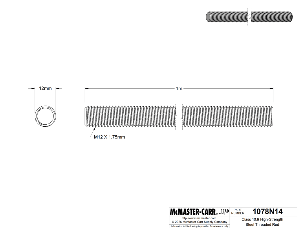 Technical Drawing of Class 10.9 High-Strength Steel Threaded Rod, M12 x 1.75 mm Thread Size, 1 M Long.